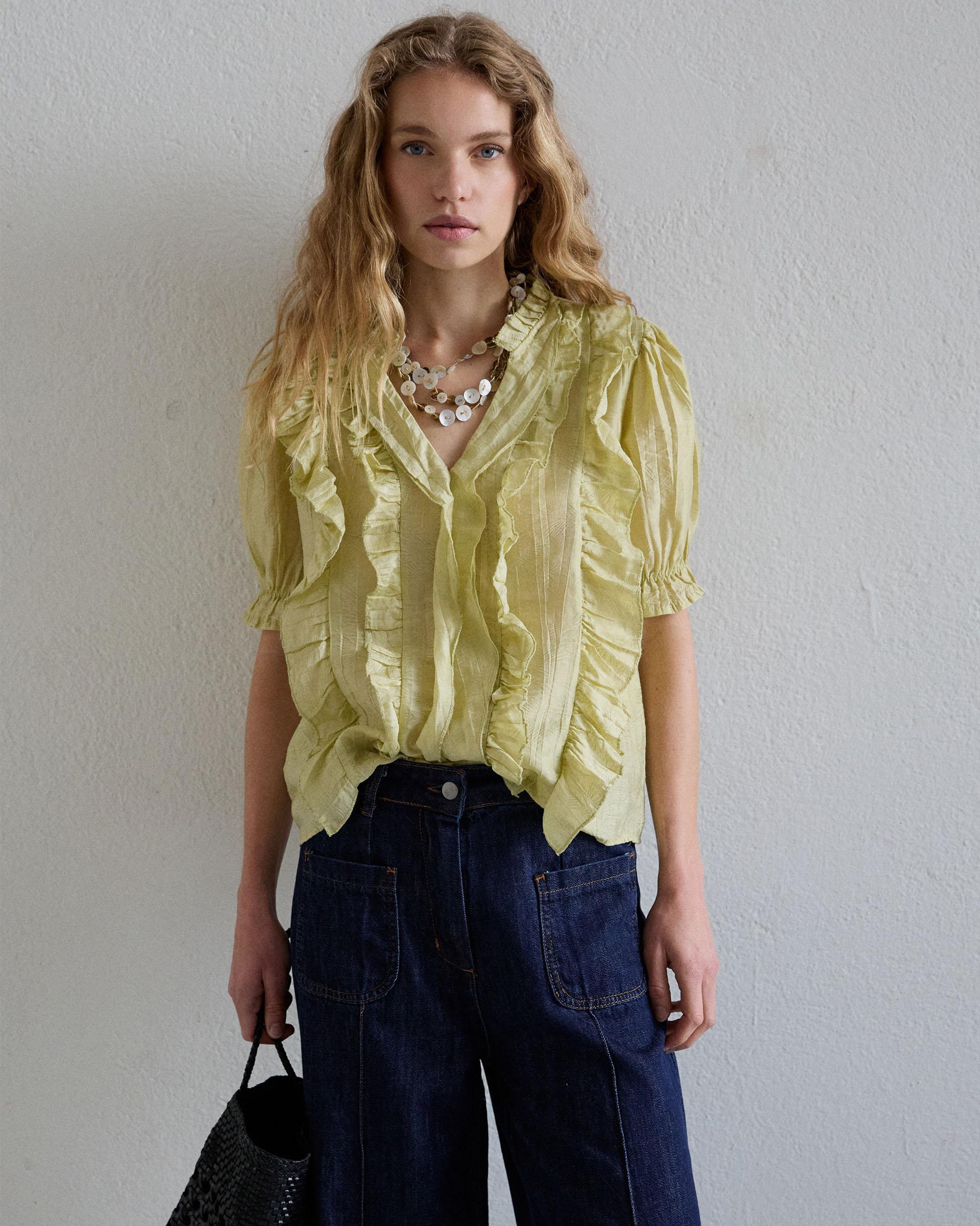 Blusa Manga Corta Volantes Escote V Verde
