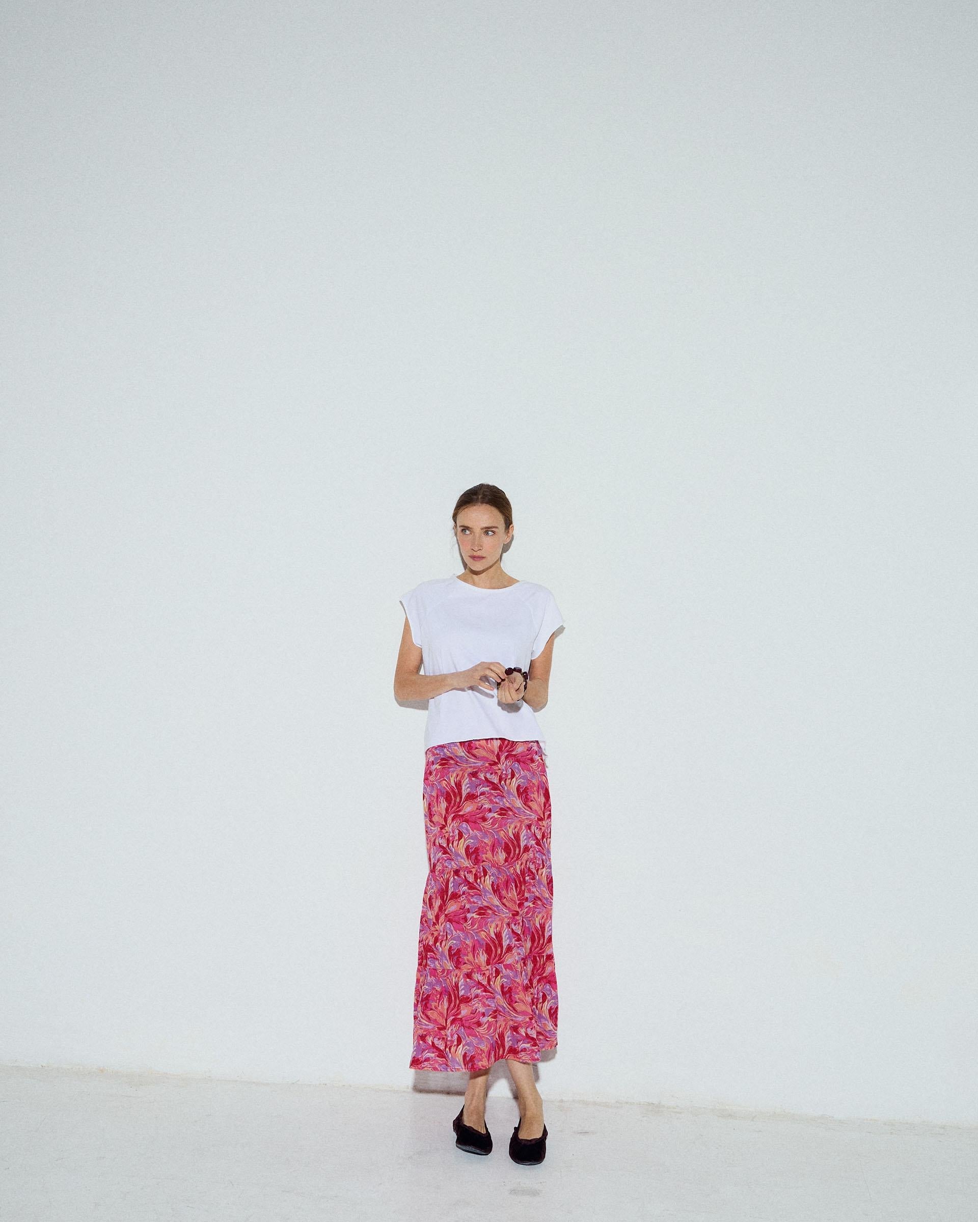 Falda Fluida Estampado Floral Fucsia