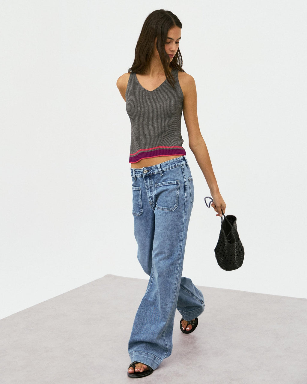 Jeans Straight Bolsillos Plastón Azul