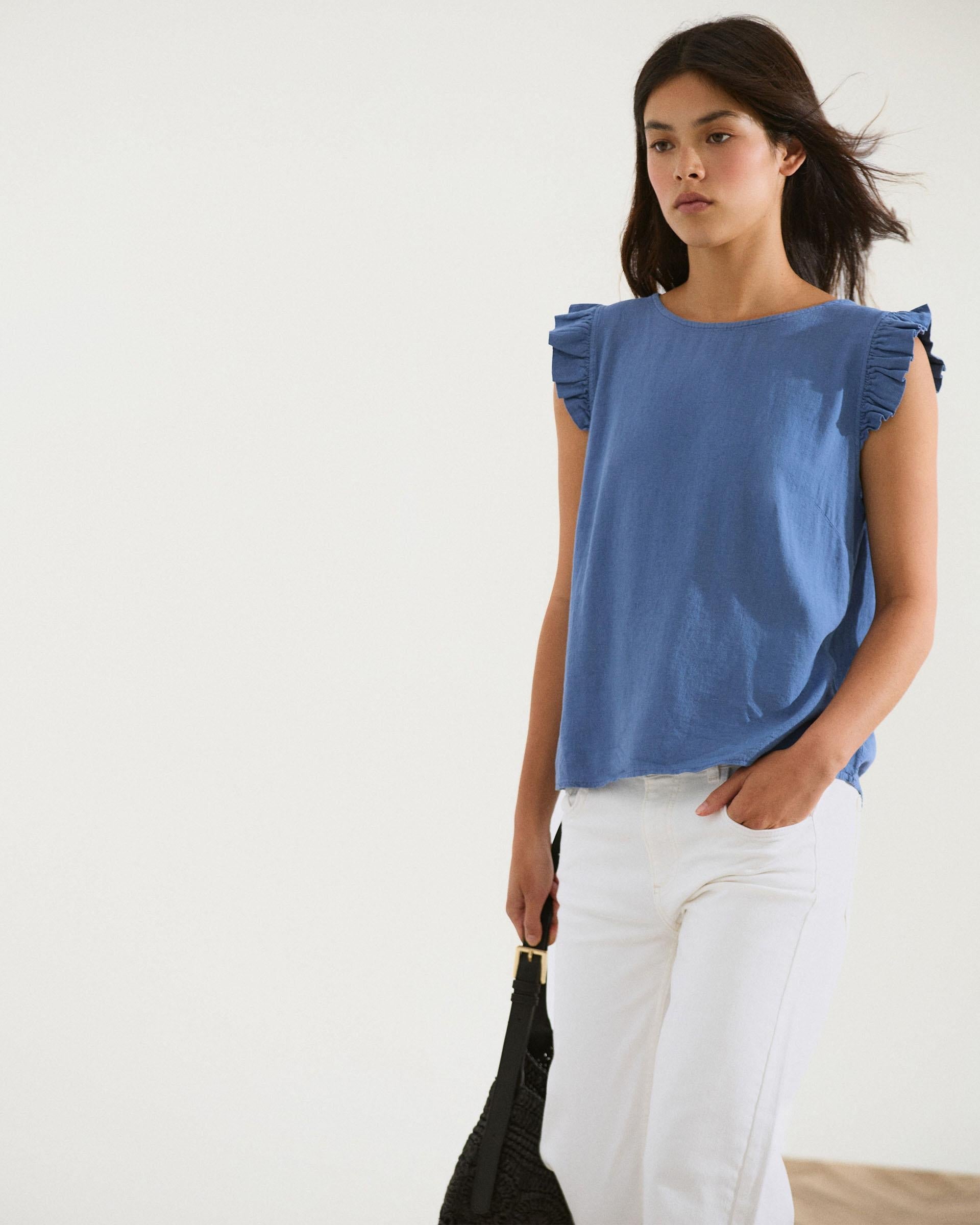 Top Botones Espalda Con Lino Azul