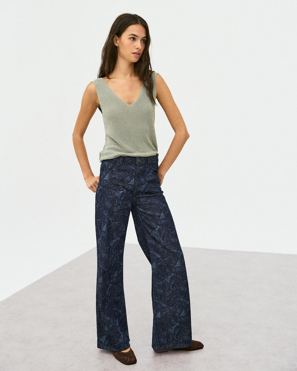 Jeans Wide Leg Estampado Azul Oscuro