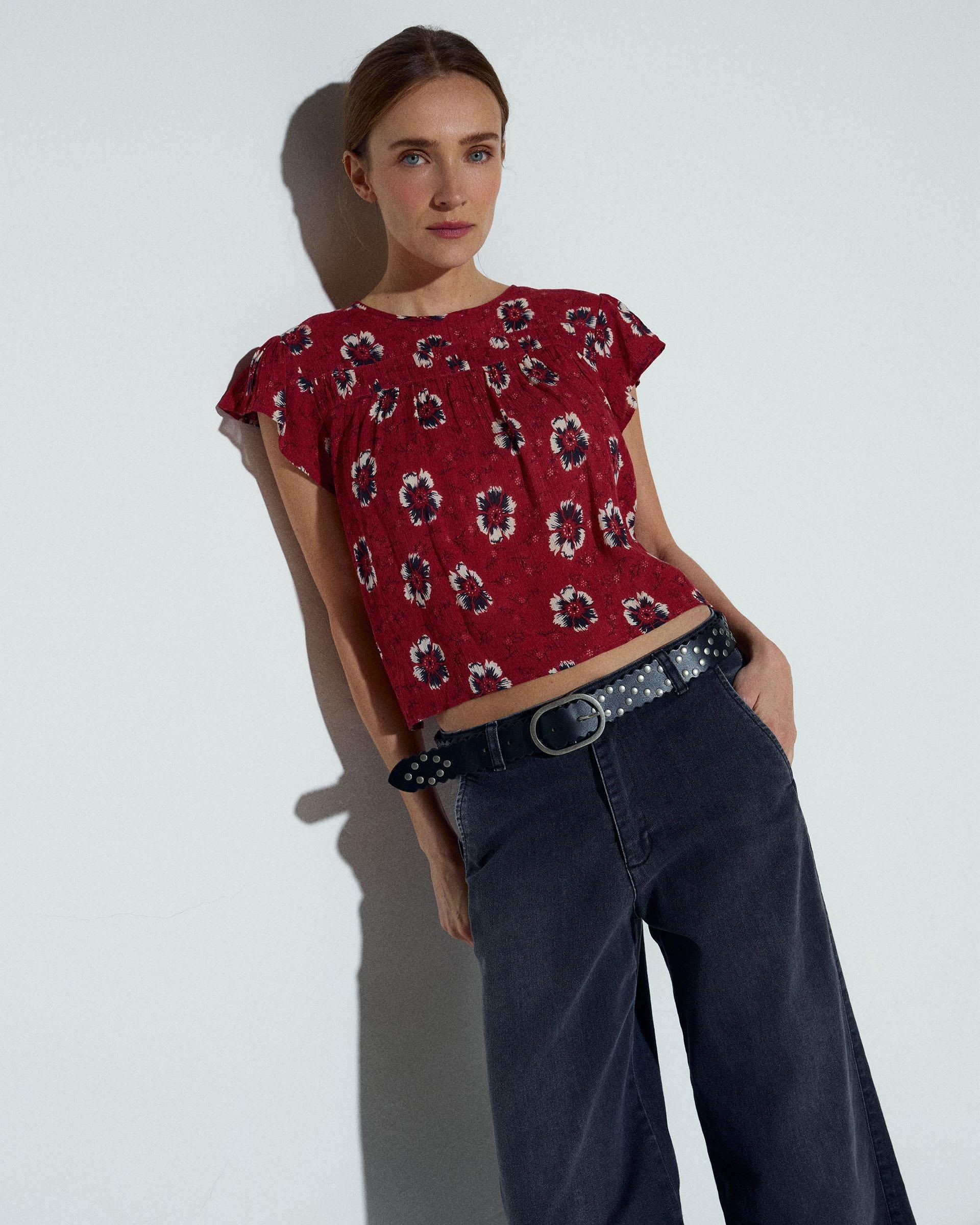 Blusa Manga Corta Pliegues Estampado Floral Coral