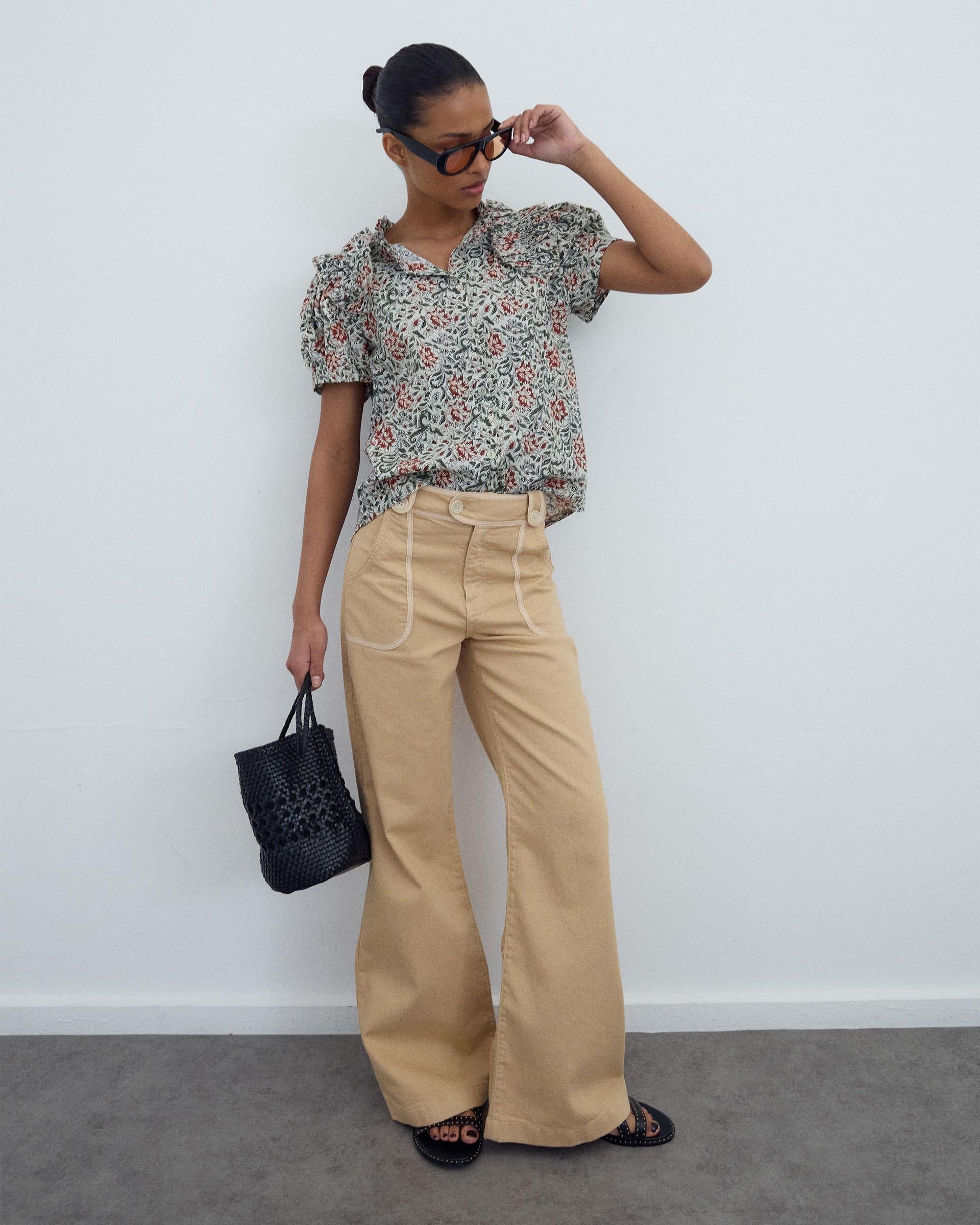 Blusa Manga Abullonada Volante Estampada Multicolor