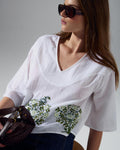 Blusa Canesú Pico Bordados Florales Blanca