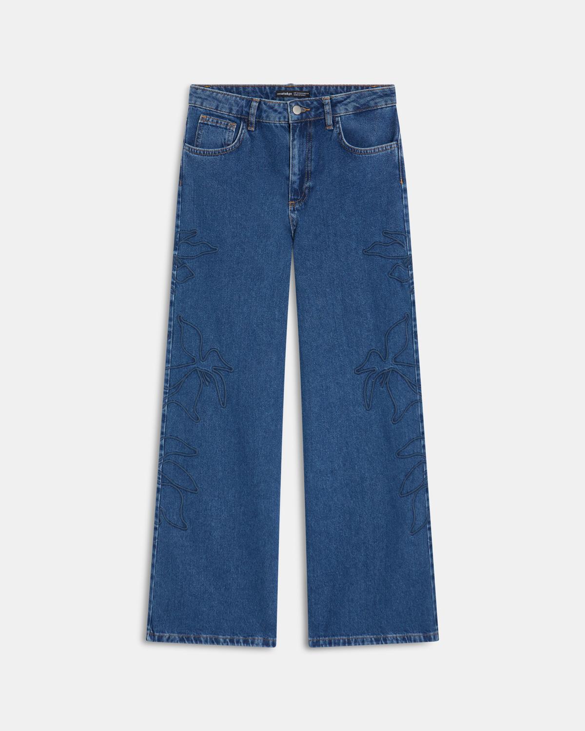 Jeans Bordados Silueta Flor Azul