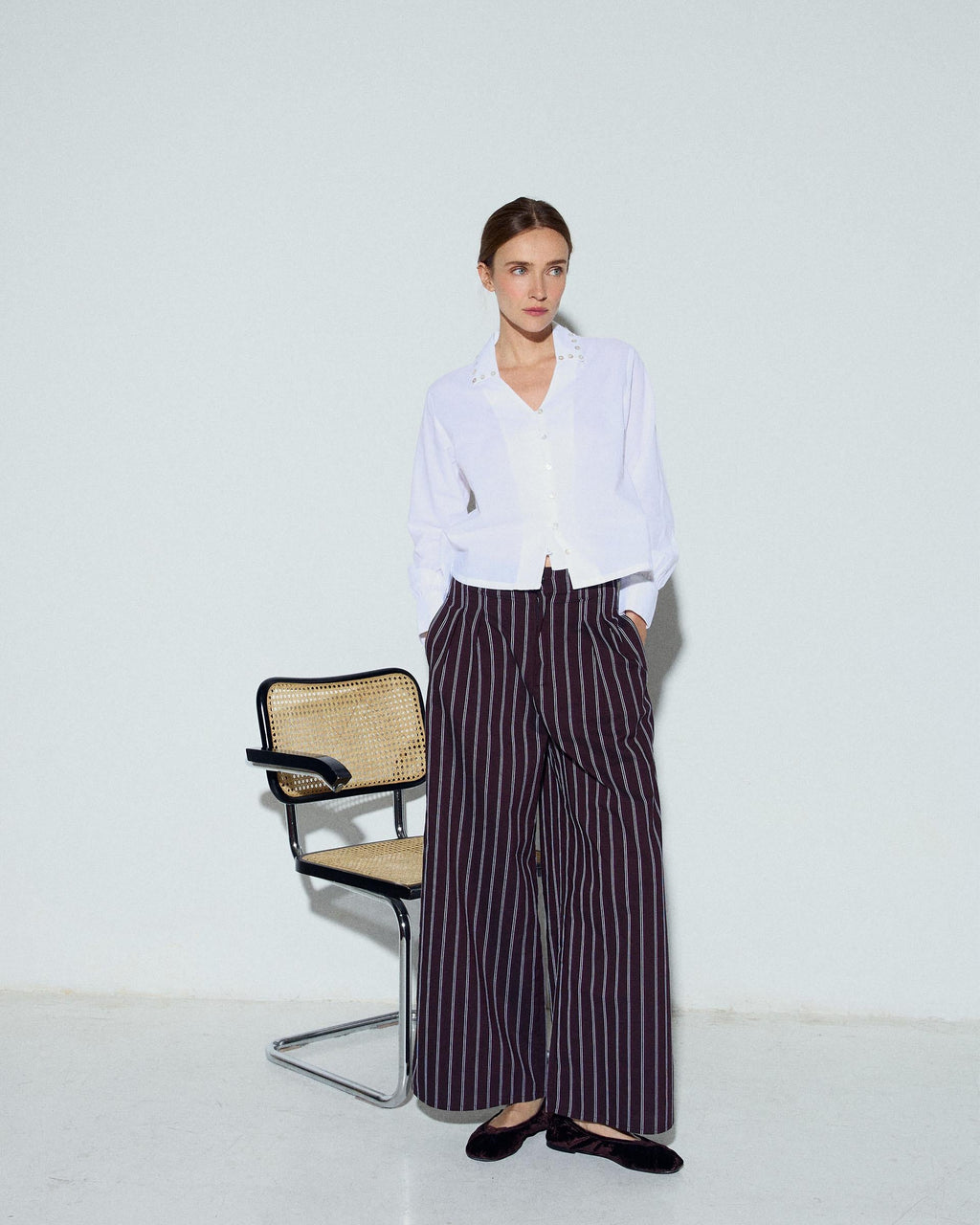 Pantalón Rayas Wide Leg Pinzas Marrón