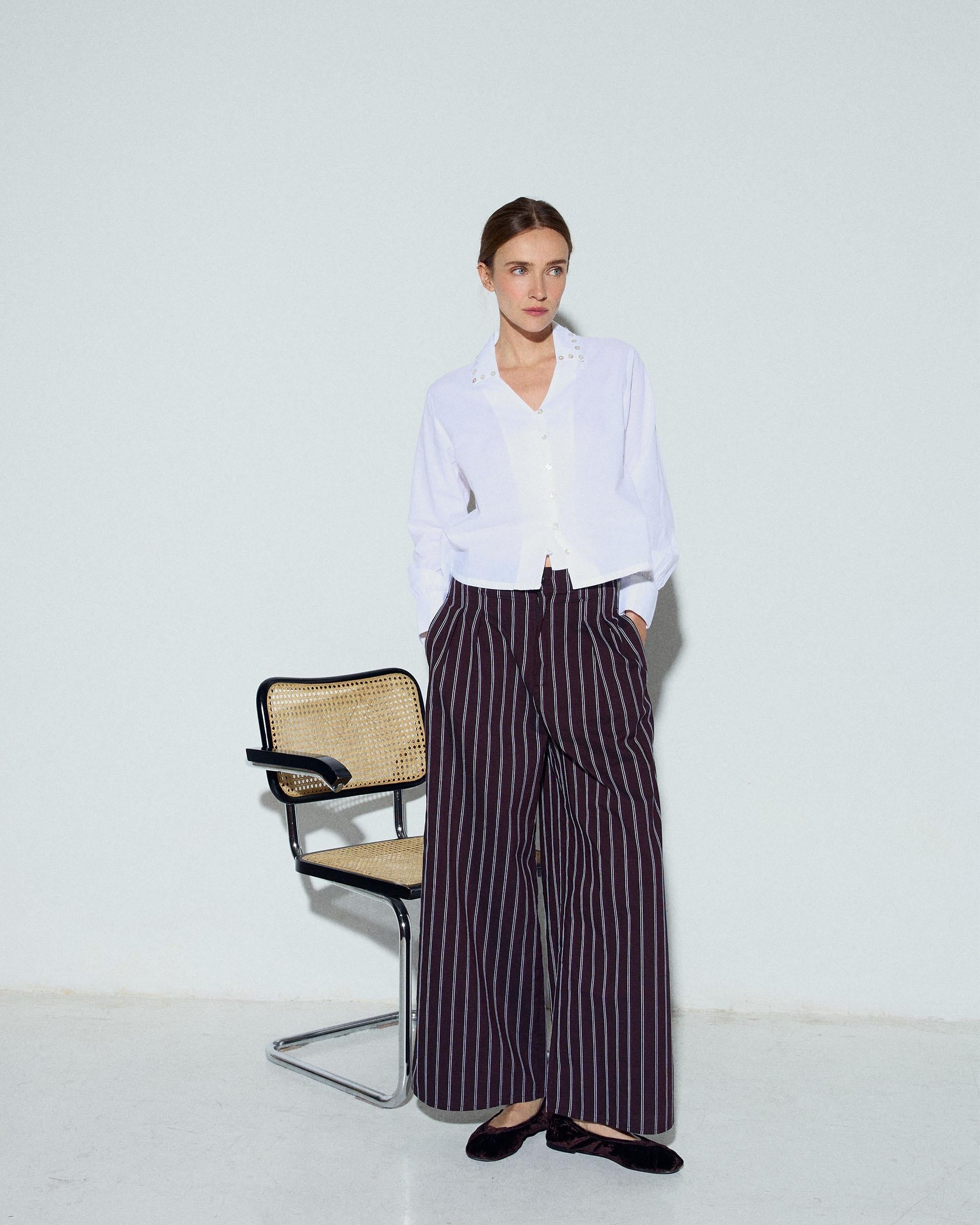 Pantalón Rayas Wide Leg Pinzas Marrón