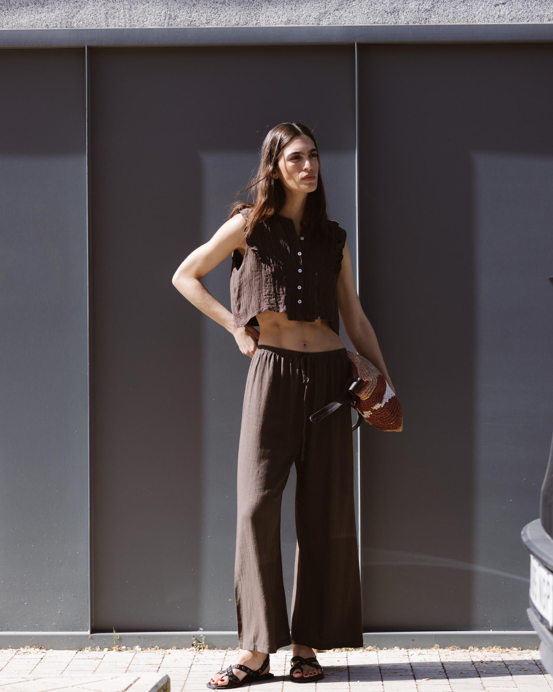 Pantalón Ancho Lino Marrón