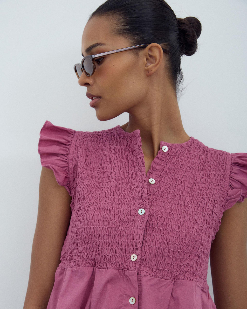 Blusa Nido De Abeja Botones Delantero Rosa