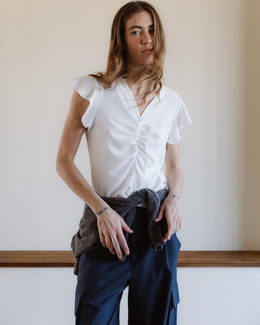 Blusa Manga Corta Frunce Blanca