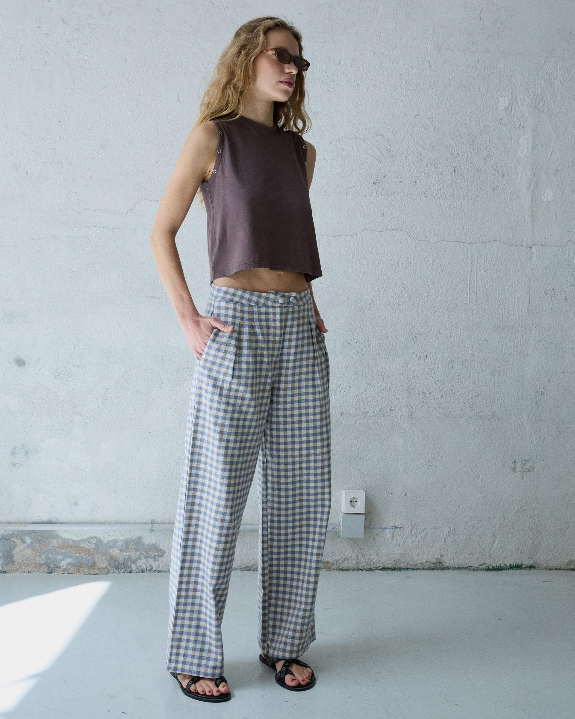 Pantalón Wide Leg Pinzas Cuadros Vichy Azul