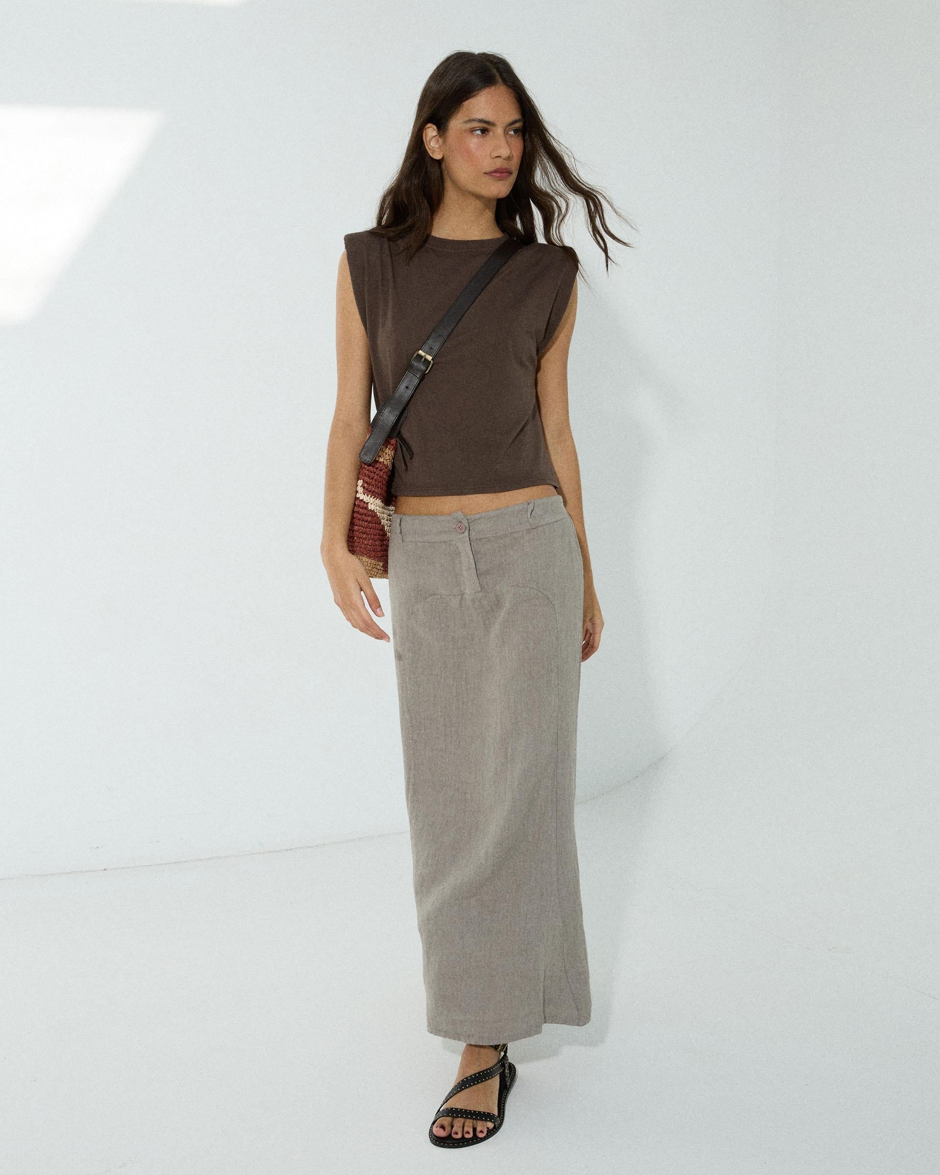 Falda Larga Lino Costura Taupe
