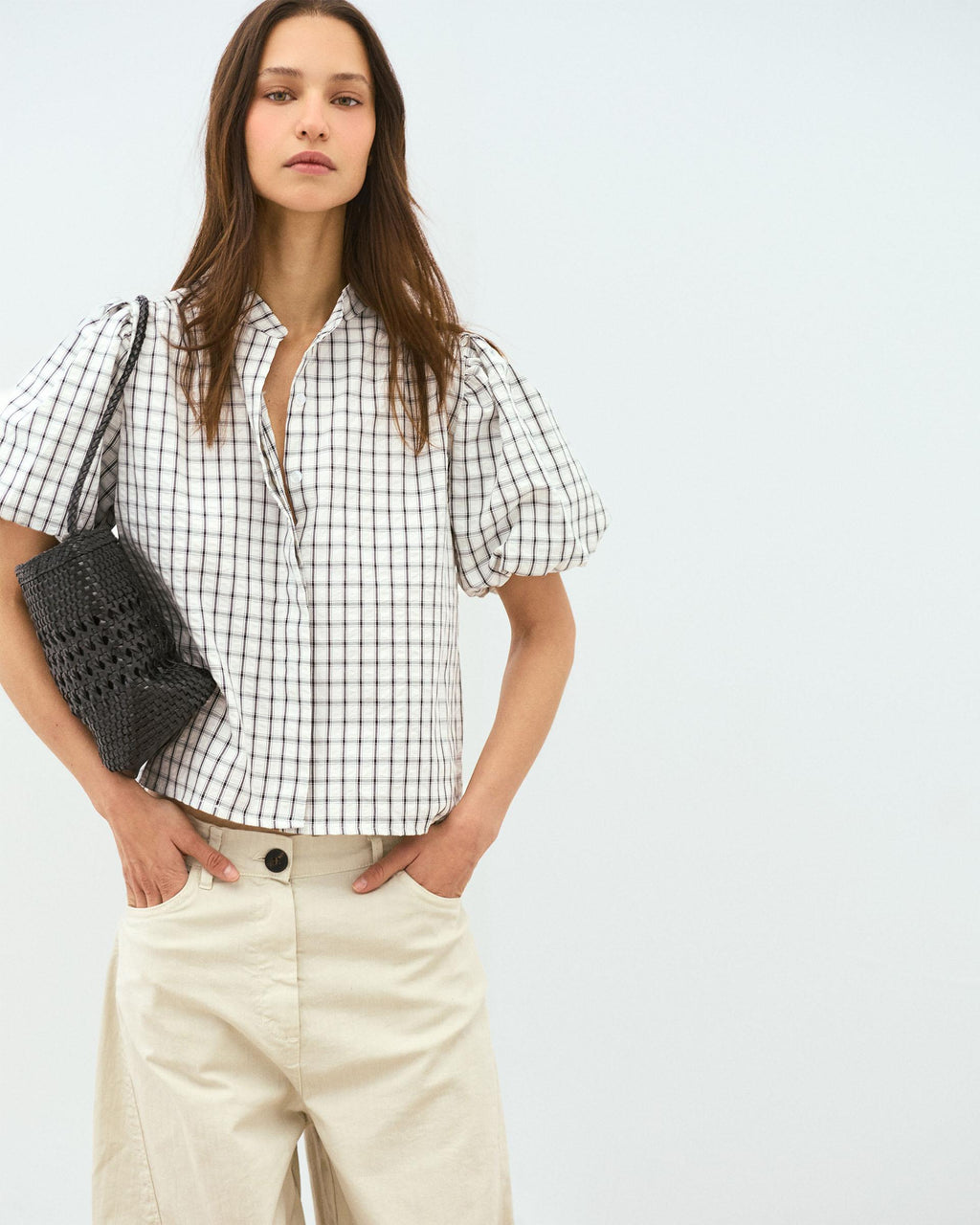 Blusa Manga Abullonada Cuadros Blanca