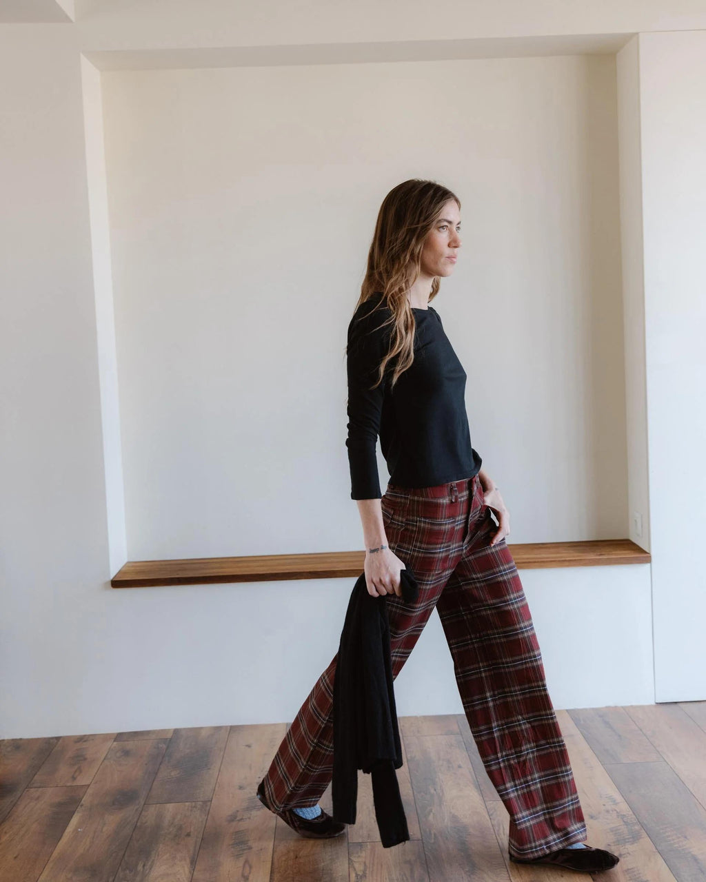 Pantalón Cuadros Bolsillos Plastón Granate