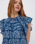 Blusa Manga Corta Volantes Puntillas Estampada Azul Oscuro