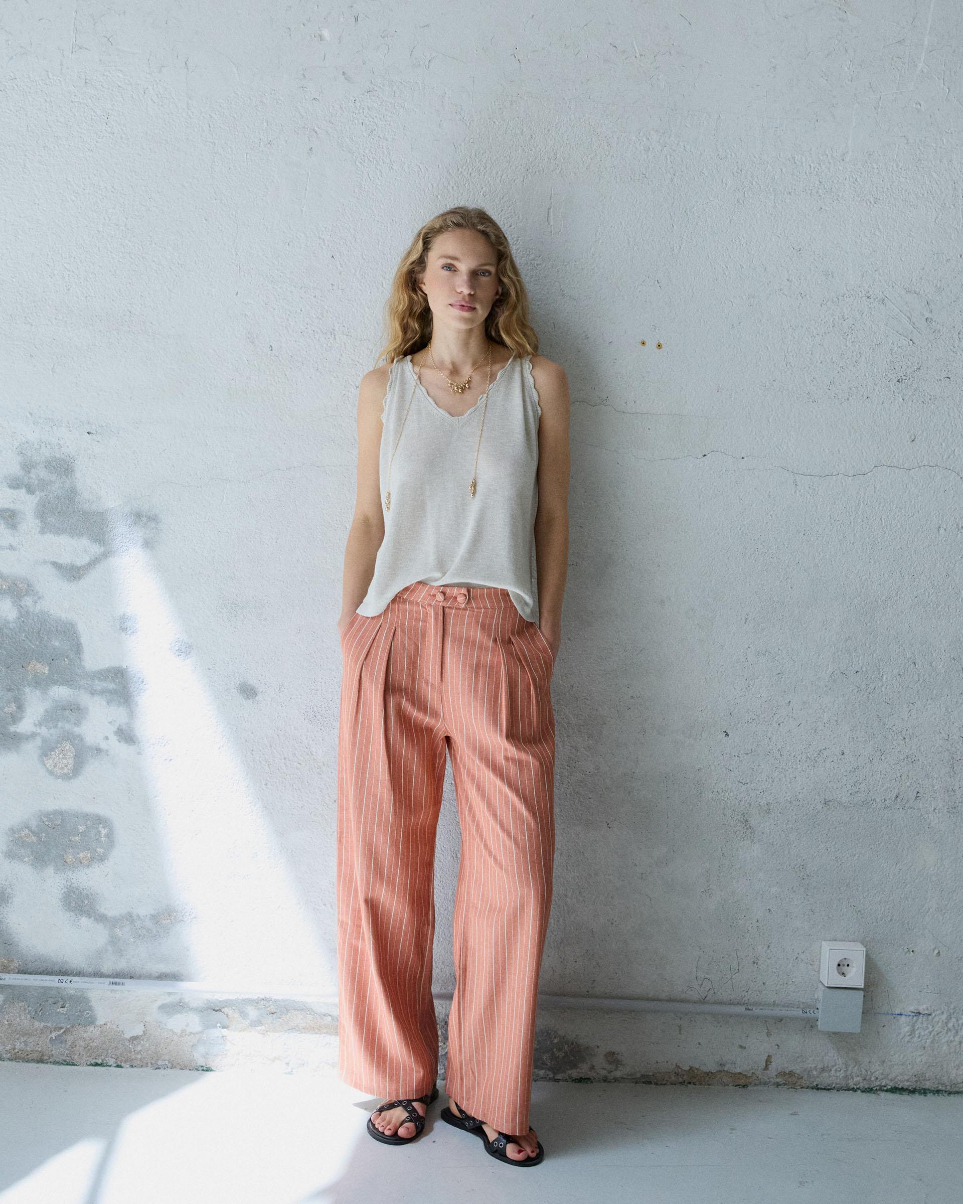 Pantalón Wide Leg Pinzas Rayas Naranja