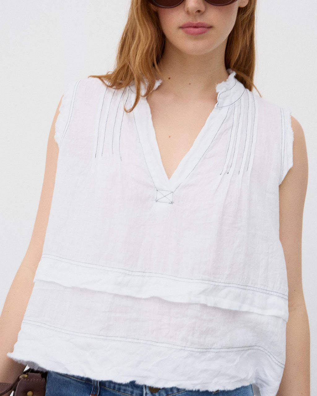 Blusa Lino Costuras Contraste Blanca
