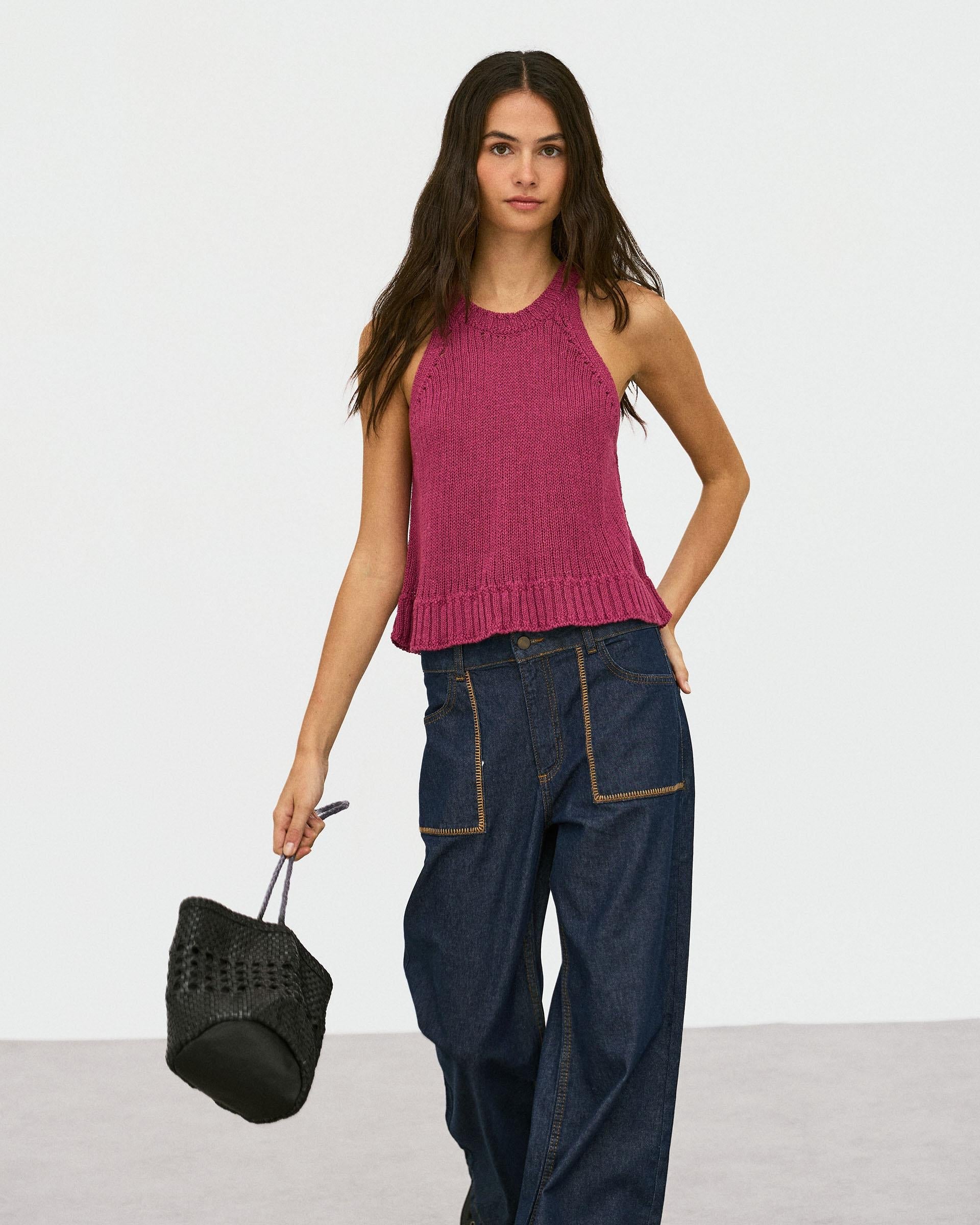 Top Punto Sin Mangas Cuello Redondo Rib Rosa