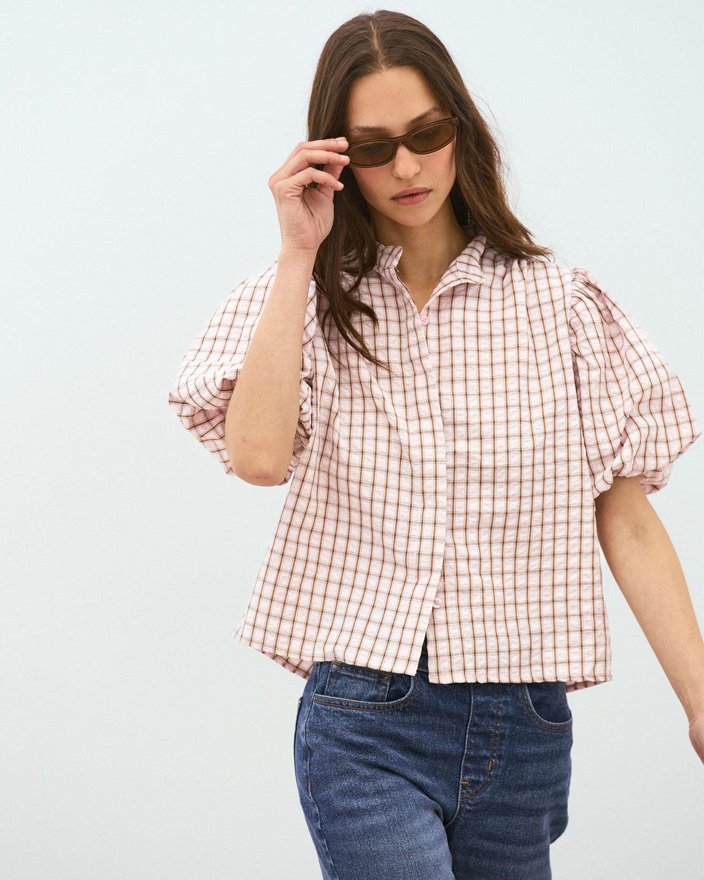 Blusa Manga Abullonada Cuadros Rosa