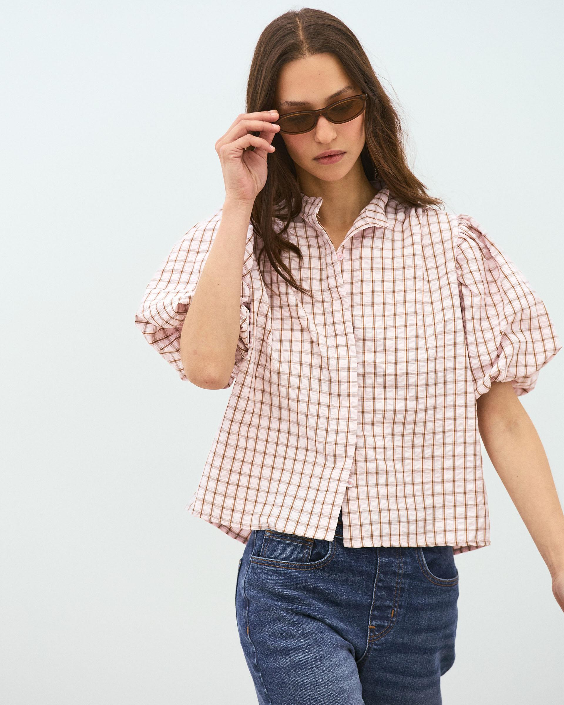 Blusa Manga Abullonada Cuadros Rosa