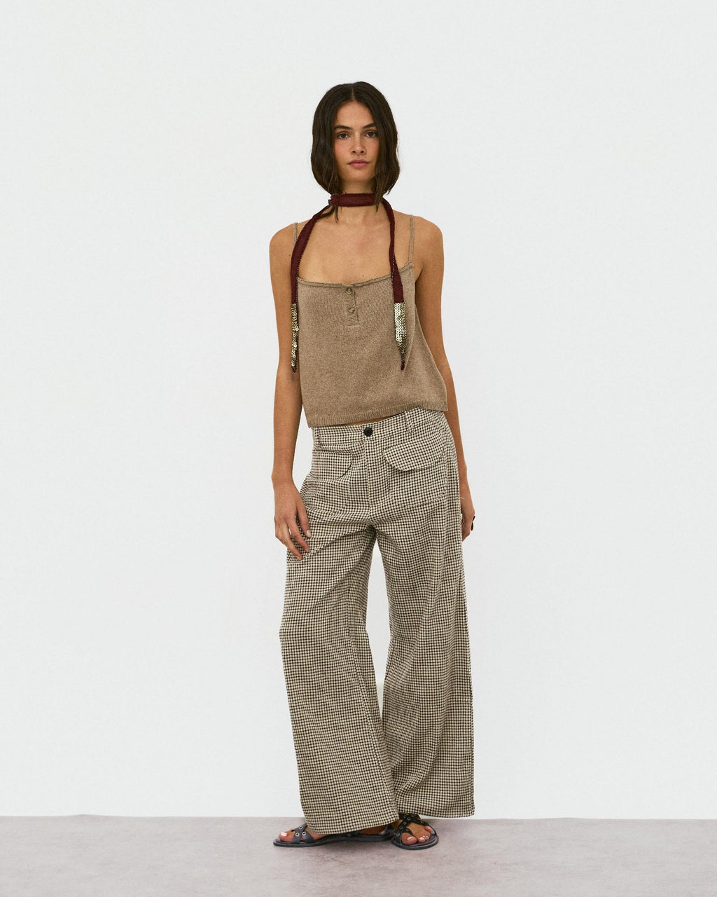 Pantalón Cuadros Bolsillos Seersucker Beige
