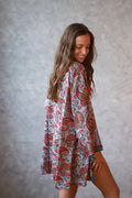 Kimono estampado gris y fucsia