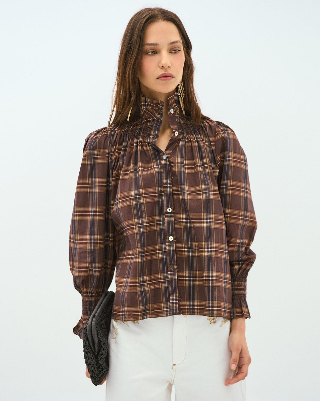 Blusa Nido De Abeja Cuello Cuadros Marrón