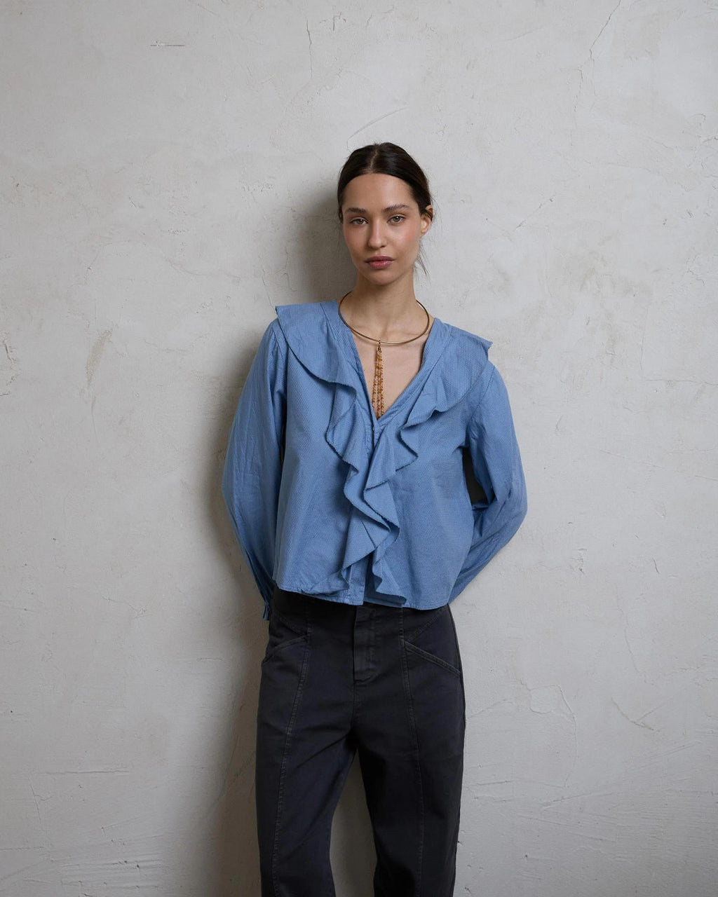 Blusa Cuello V Volantes Azul