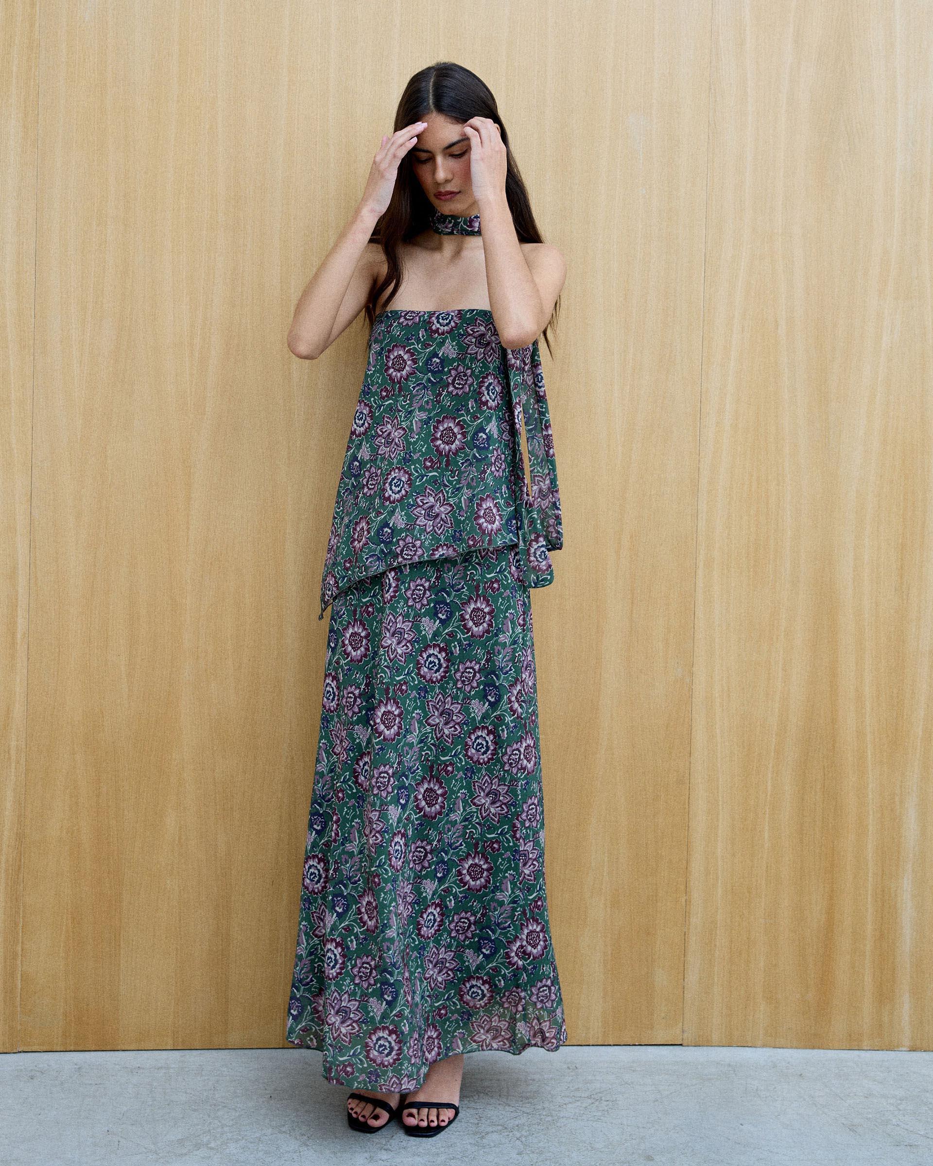 Vestido Corte Diagonal Estampado Verde