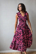 Vestido con flores fruncido fucsia