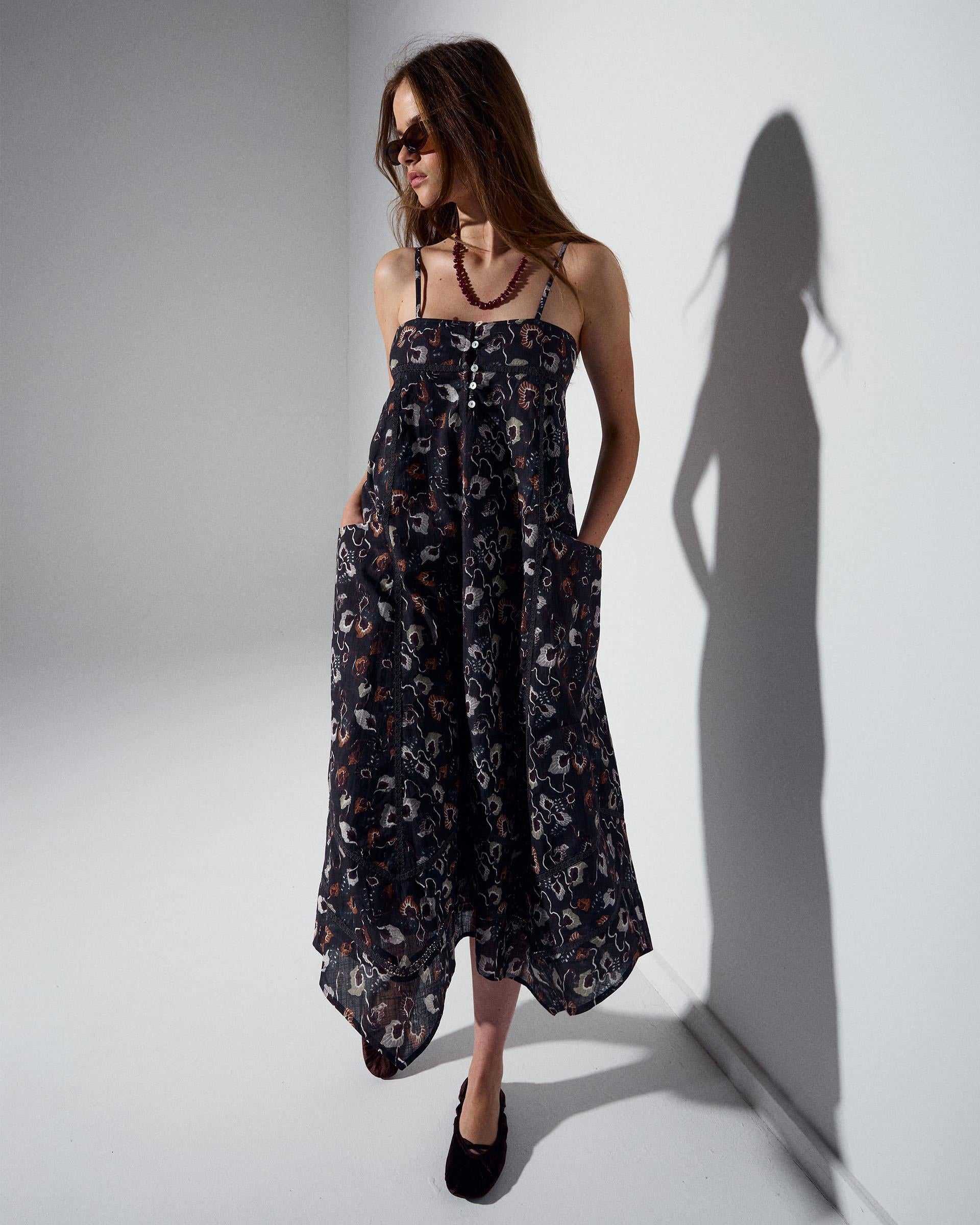 Vestido Puntillas Bolsillos Estampado Floral Antracita