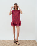 Vestido Corto Volantes Estampado Fucsia
