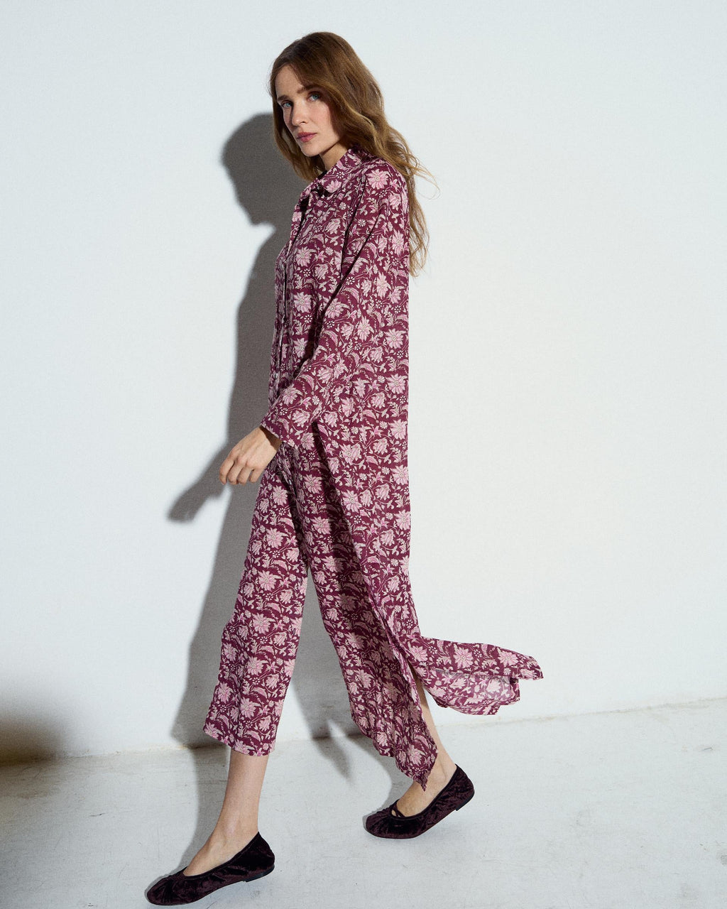Vestido Camisero Estampado Floral Granate