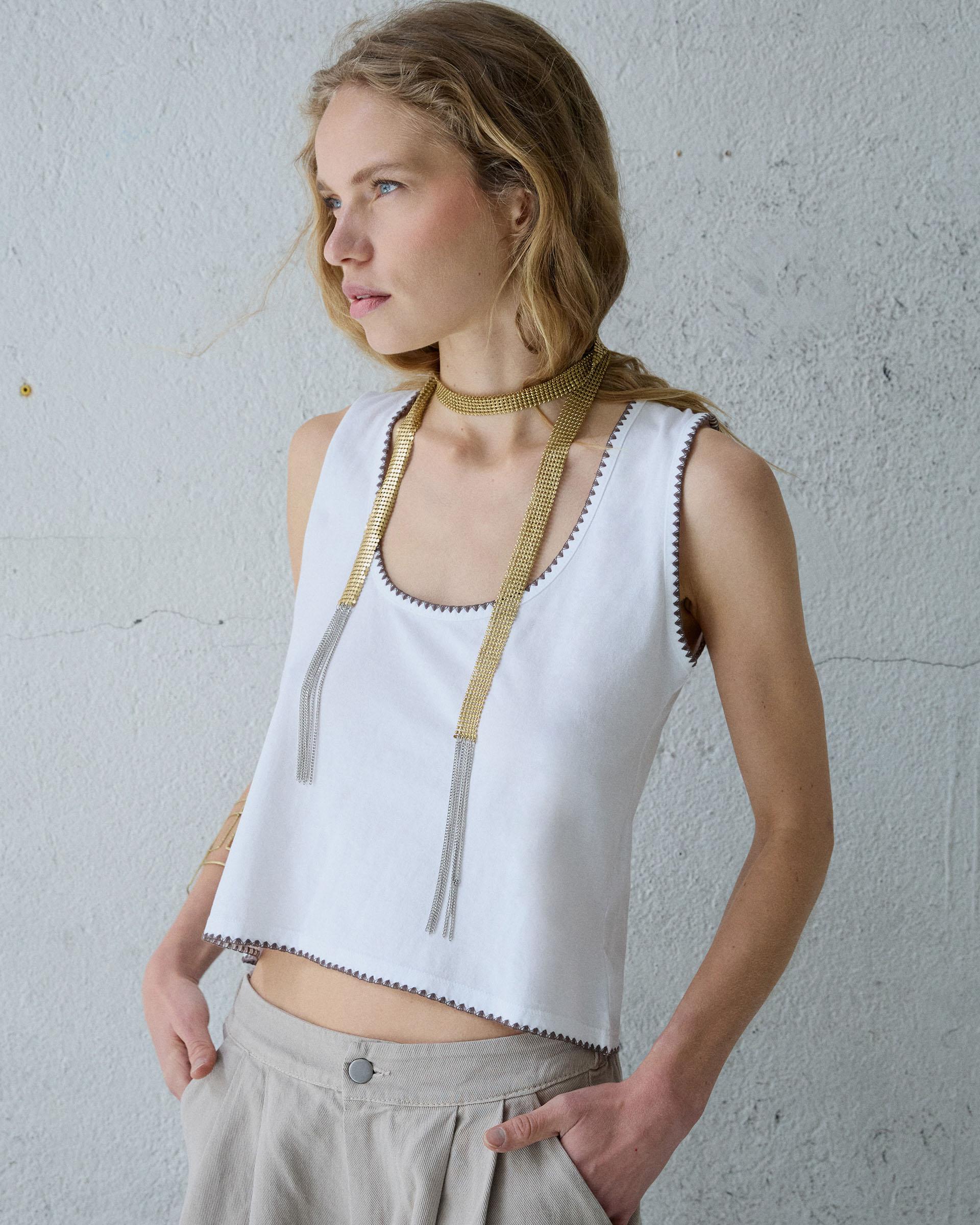 Camiseta Tirantes Pespuntes Blanco