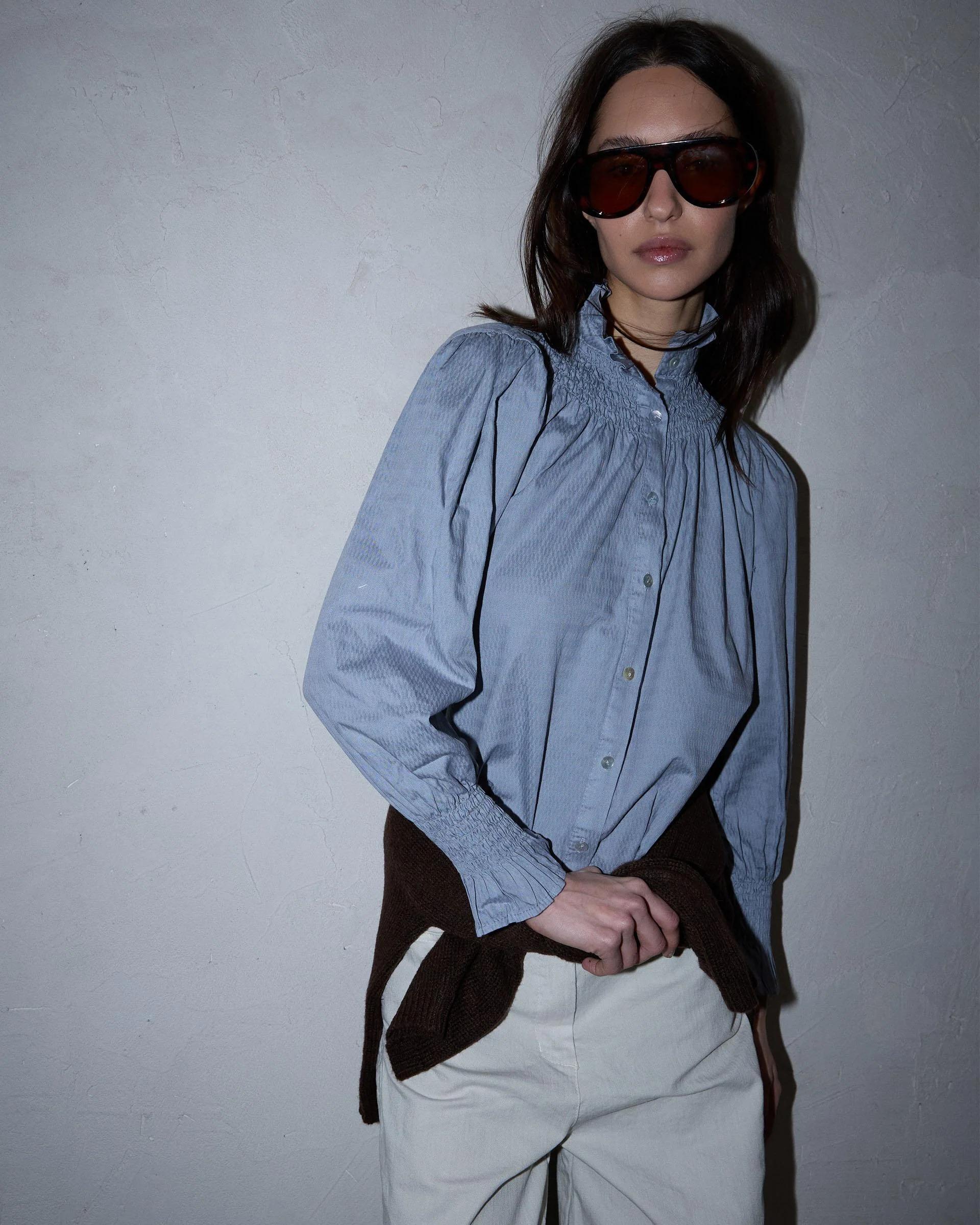 Blusa Nido De Abeja Cuello Azul Claro