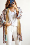 Kimono estampado rosa, verde y dorado