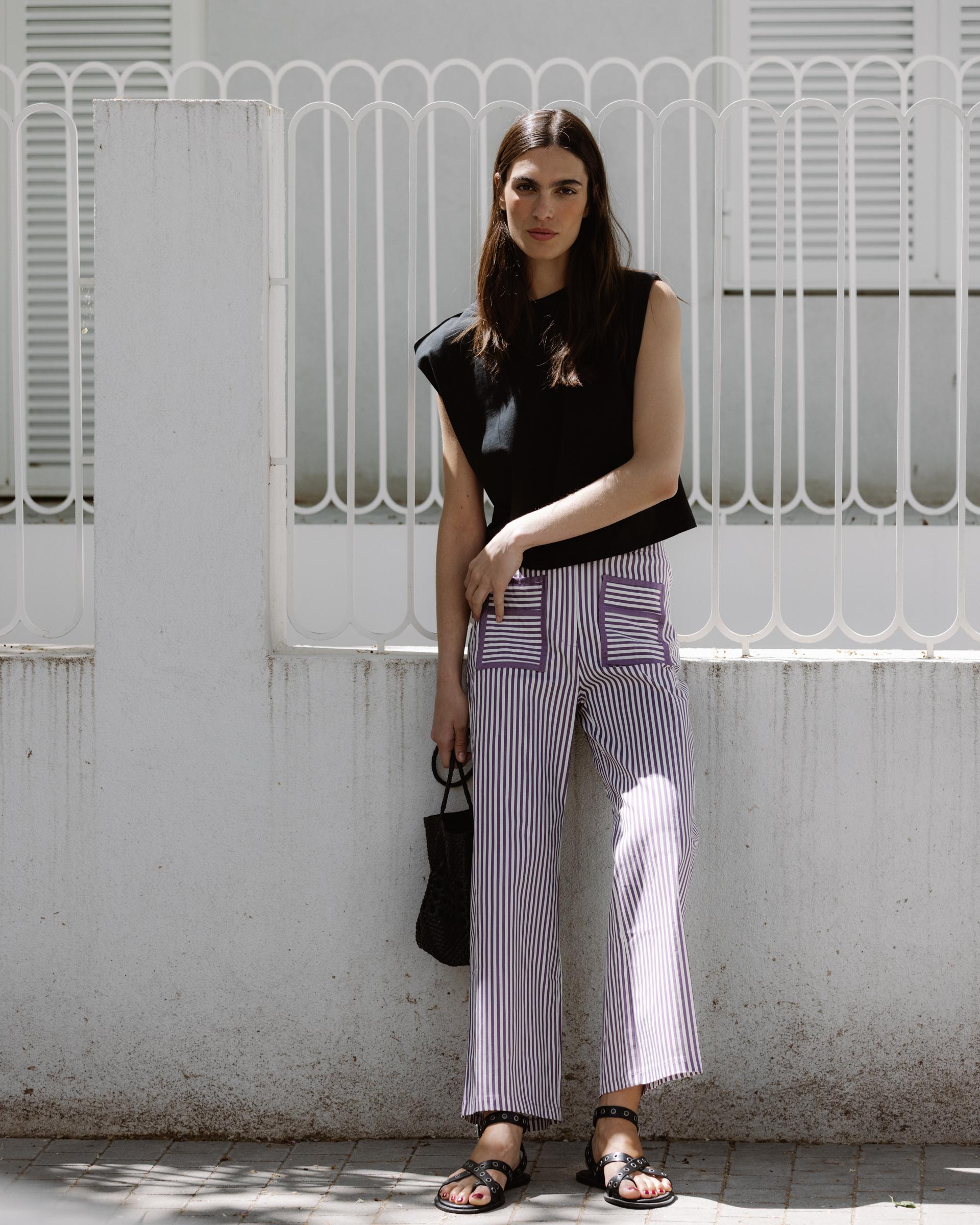 Jeans Rayas Bolsillos Contraste Morado