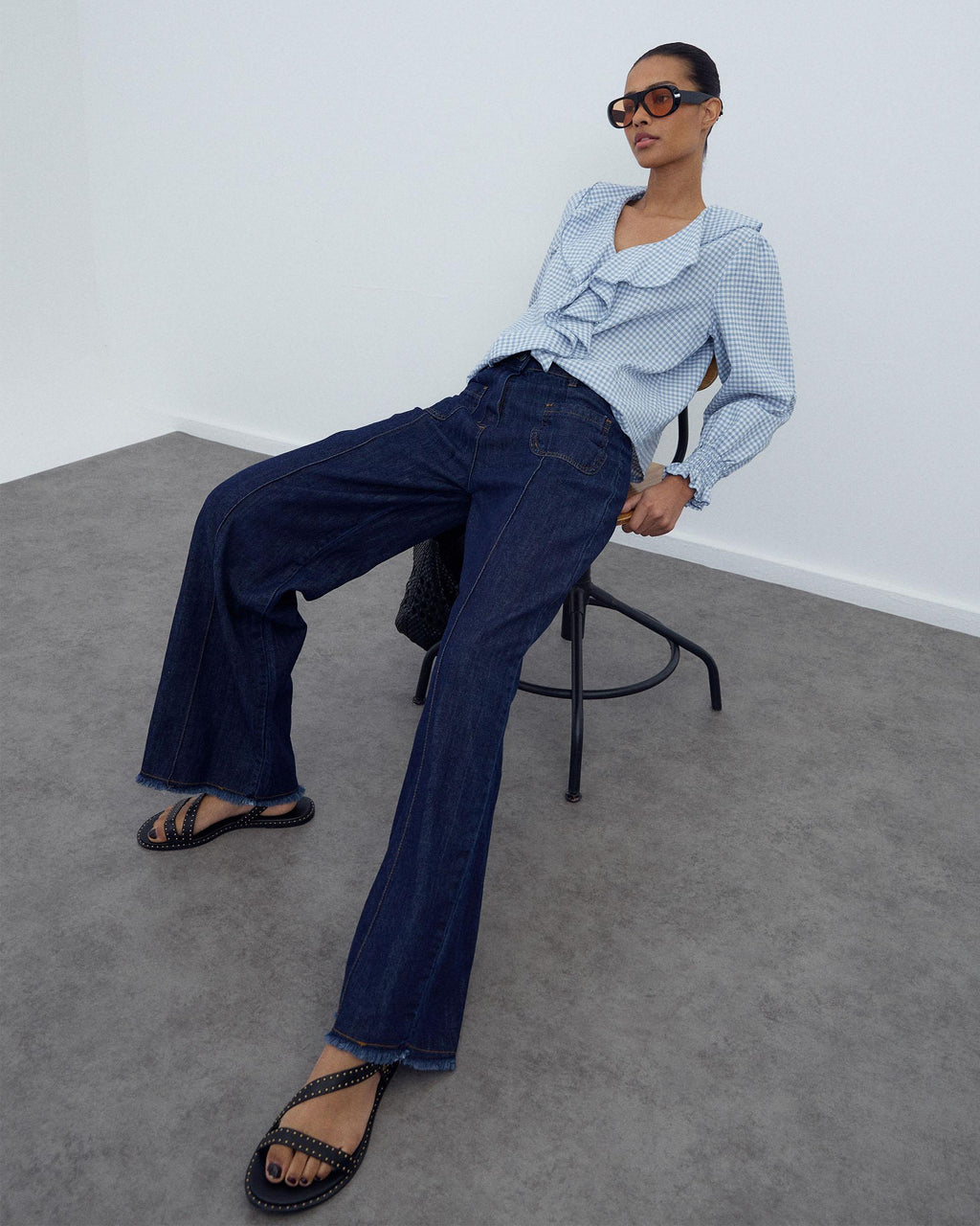 Blusa Volantes Delanteros Vichy Azul