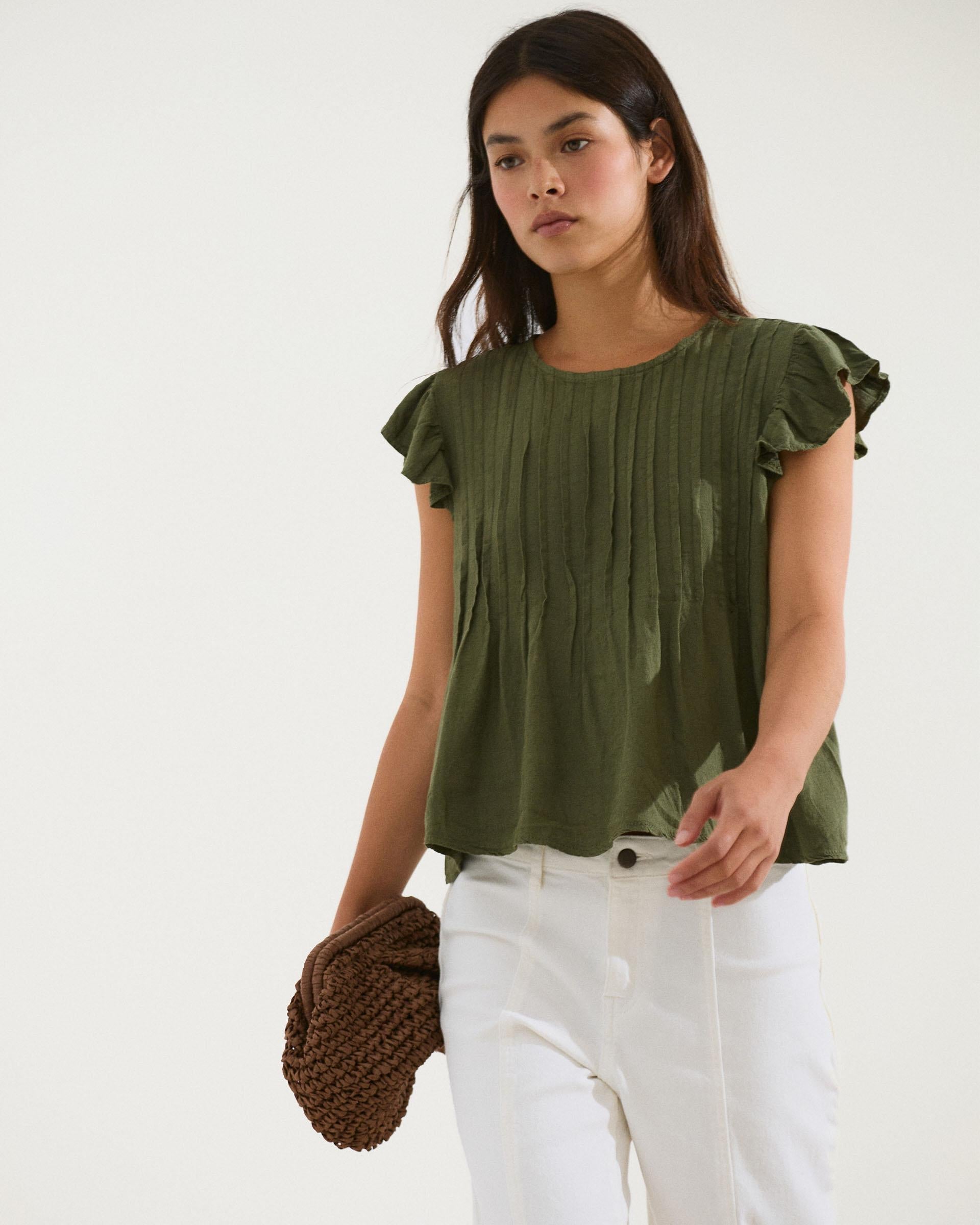 Blusa Jaretas Con Lino Verde Oscuro