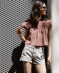Blusa Manga Corta Puntillas Delantero Rosa Palo
