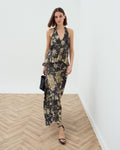Falda Costura Diagonal Estampado Floral Negro