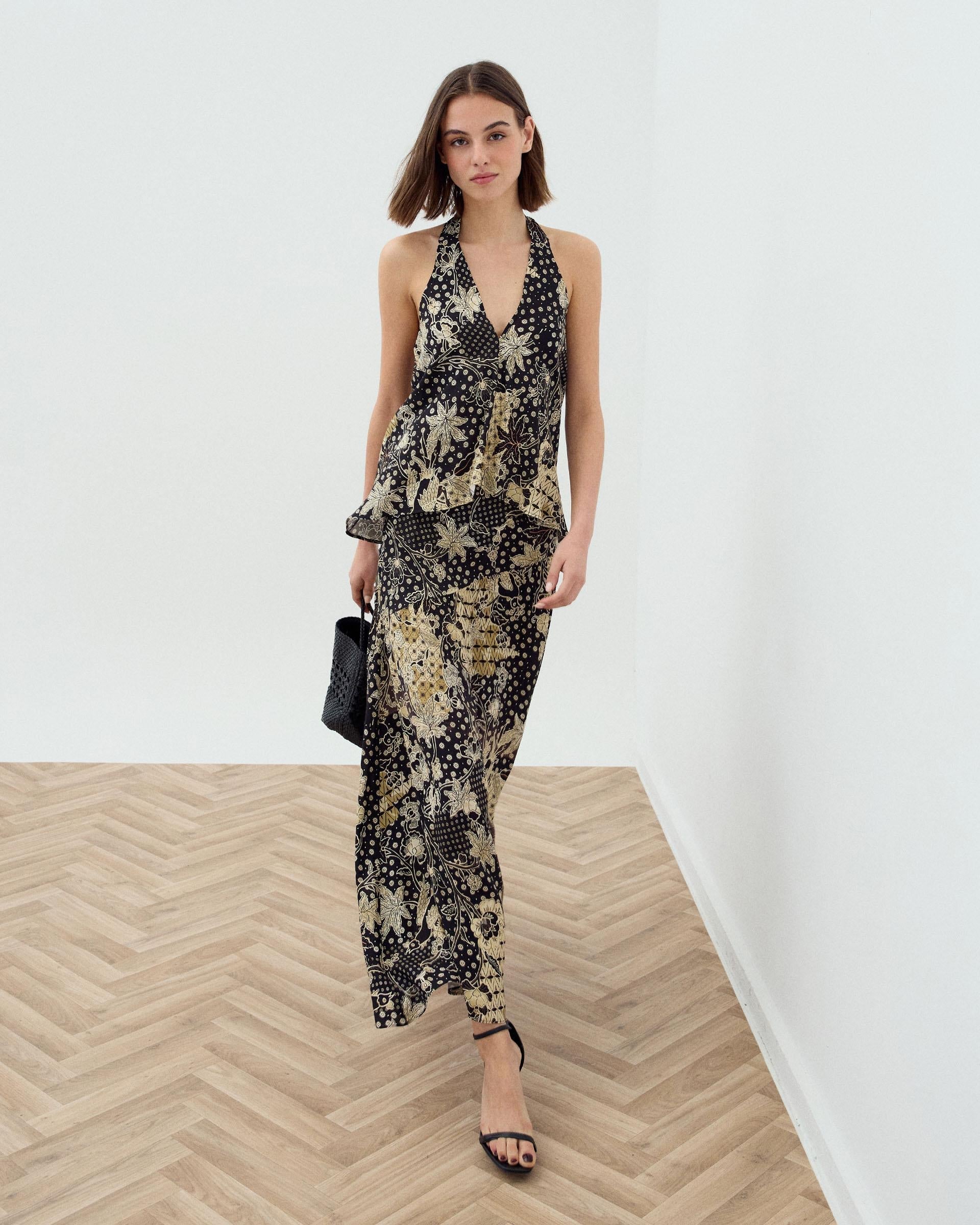 Falda Costura Diagonal Estampado Floral Negro