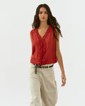Top Escote Pico Volantes Con Lino Rojo