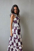 Vestido con flores fruncido berenjena