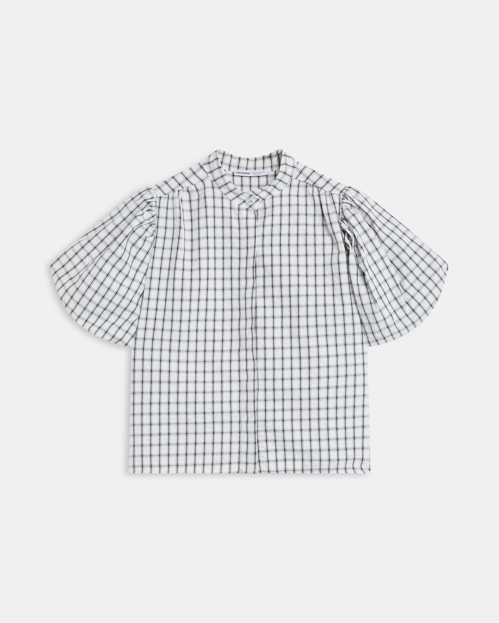 Blusa Manga Abullonada Cuadros Blanca
