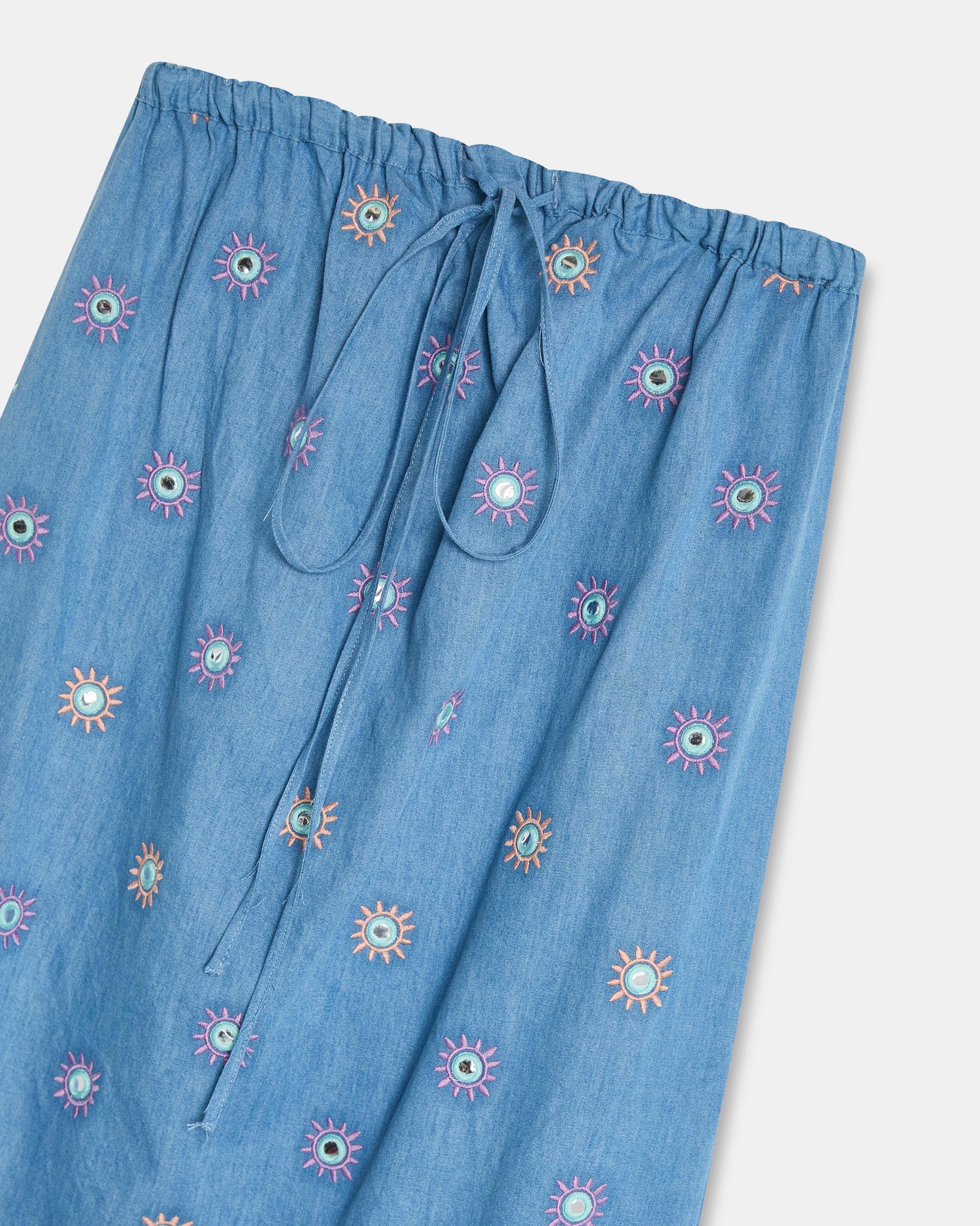 Vestido Bordados Soles Espejos Azul Jeans