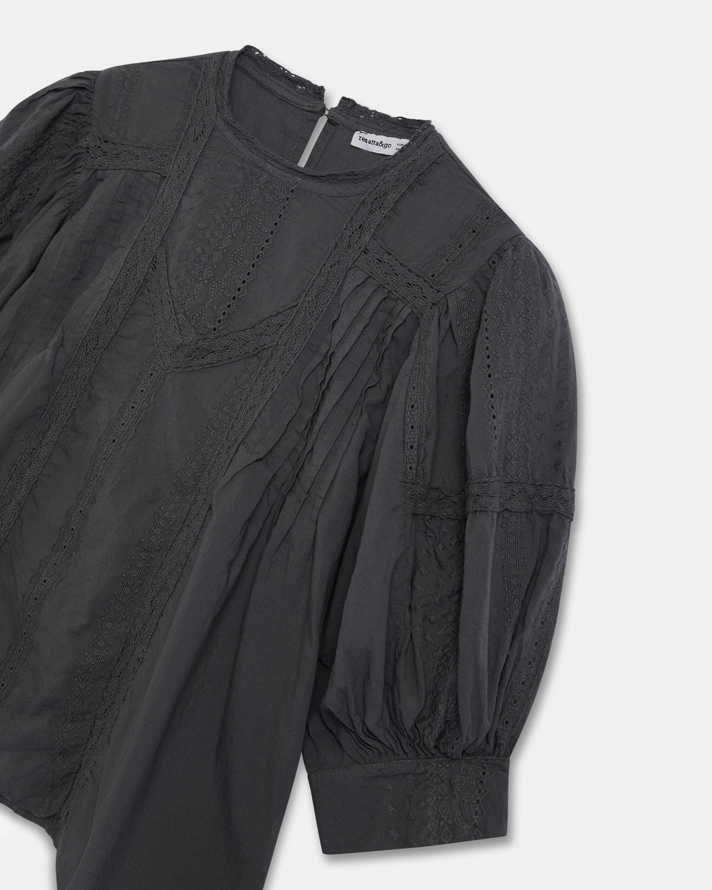 Blusa Manga Francesa Puntillas Jaretas Antracita