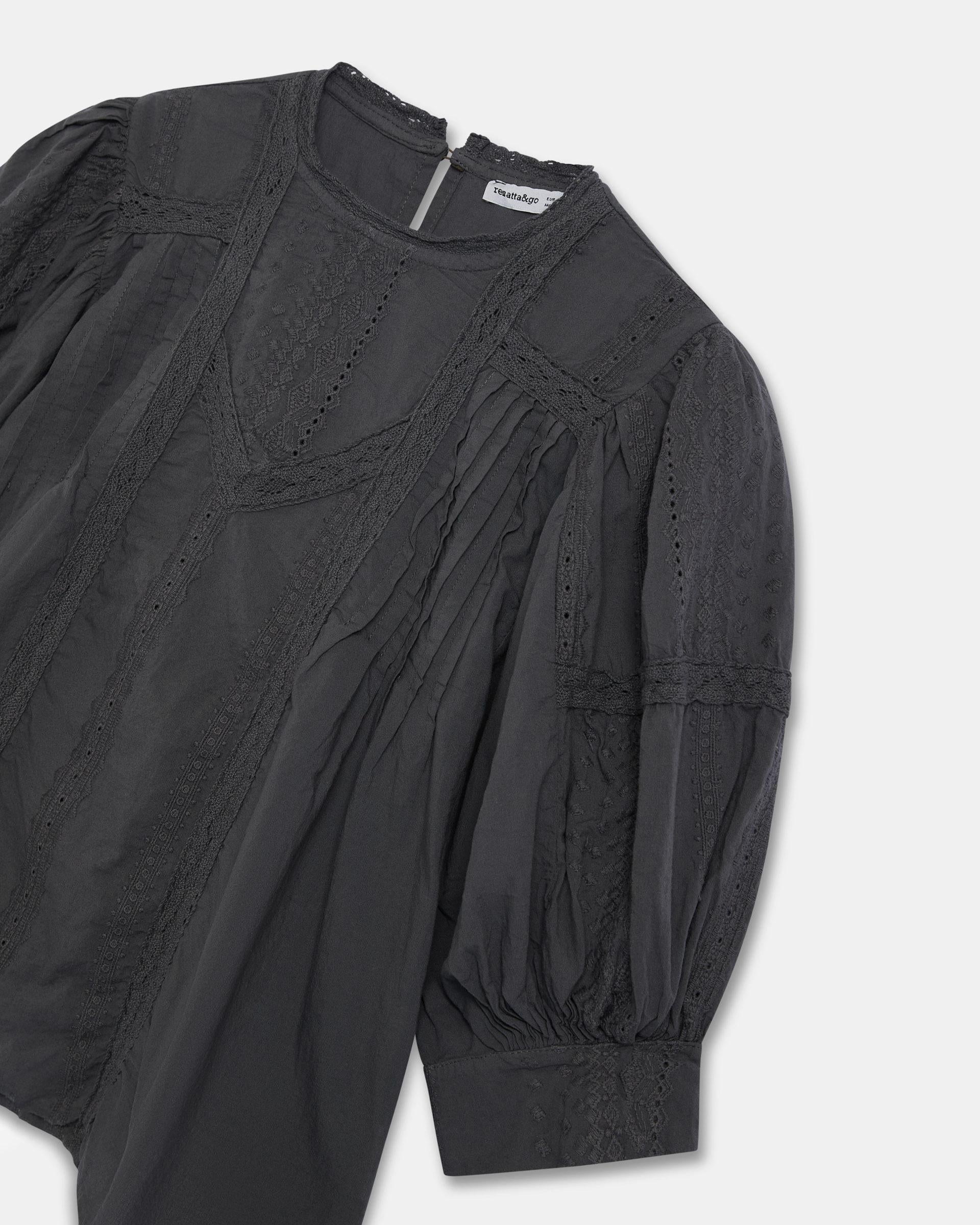 Blusa Manga Francesa Puntillas Jaretas Antracita