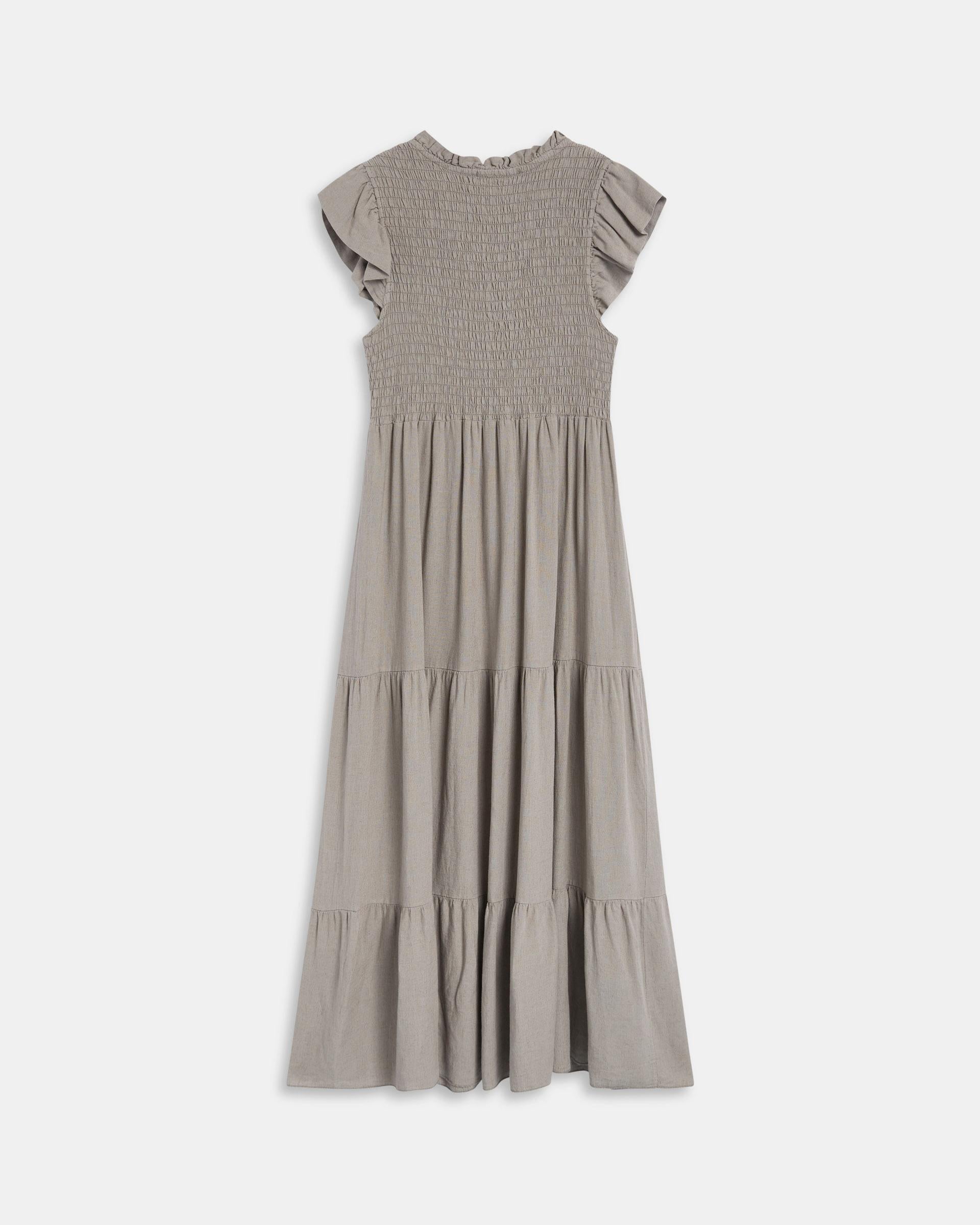 Vestido Largo Lino Nido De Abeja Taupe