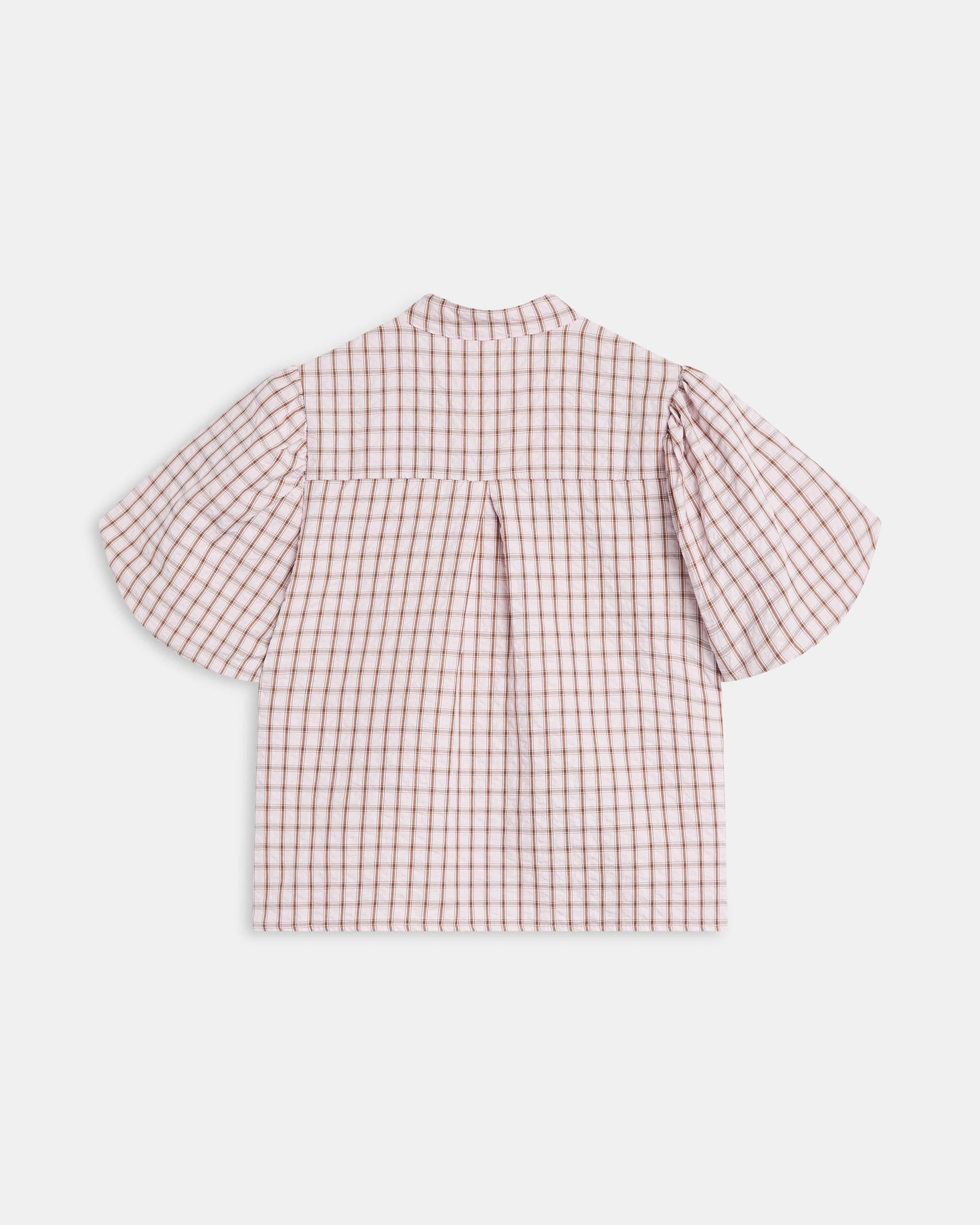 Blusa Manga Abullonada Cuadros Rosa